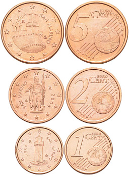 Сан-Марино лот из 3 монет 2006 1,2 и 5 евроцентов сталь плакированная медью UNC N4-66