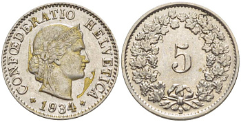 ШВЕЙЦАРИЯ 5 РАППЕНОВ 1934 В KM 26 медно-никель 4532-932