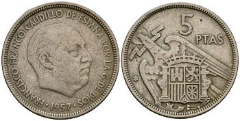 Испания 5 песет 1957 Франсиско Франко (1939-1975) KM 786 медно-никель 186-255
