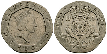 Великобритания 20 пенсов 1985 Елизавета II (1952-2022) KM 939, Spink 4361 (G2) медно-никель 4538-421