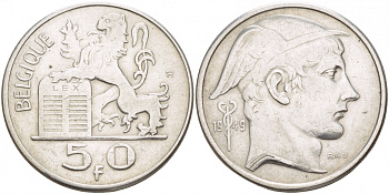 Бельгия 50 франков 1949 Леопольд III (1934-1950), Belgique  KM 136.1 серебро 4545-1035
