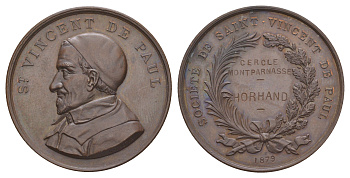Франция медаль вручаемая Общество Святого Винсента де Поля 1879 Кружок Монпарнас, Викентий де Поль, диаметр 33 мм, вес 16,3 гр бронза UNC 1516-1422