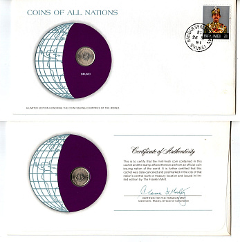 Бруней 5 сенов 1981 конверт с маркой первого дня гашения, Coins of Nations KM 16 медно-никель UNC 4294-4-1