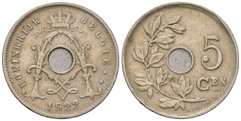 Бельгия 5 сантимов 1922 BELGIE KM 67 медно-никель 261-1124
