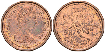 Канада 1 цент 1987 Елизавета II (1952-2022), кленовый лист KM 132 бронза    4147-317