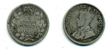 КАНАДА 5 ЦЕНТОВ 1911 ГЕОРГ V серебро 46-414