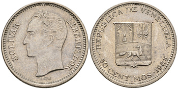Венесуэла 50 сентимо 1965 Симон Боливар KM 41, Schon 51 никель 4116-336