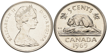 Канада 5 центов 1965 Елизавета II (1952-2022), бобер KM 60.1 никель 4148-1223