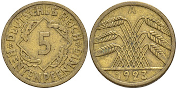 ГЕРМАНИЯ 5 РЕНТЕНПФЕННИГОВ 1923 А KM 32, J. 308, Weege 6 алюминиевая бронза 4551-136