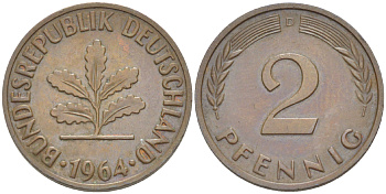 ФРГ 2 ПФЕННИГА 1964 D KM 106, J. 381 бронза 4181-738