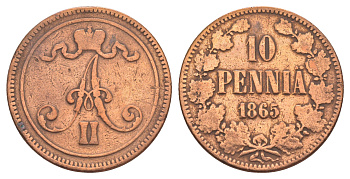 Россия для Финляндии 10 пенни 1865 Александр II (1855-1881) Биткин 651 медь 4653-333