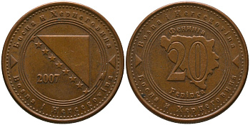 Босния и Герцеговина 20 фенингов 2007 KM 116 сталь плакированная медью 4551-837
