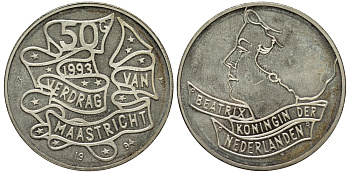 Нидерланды 50 гульденов 1994 Маастрихтский договор KM 217 серебро UNC 443-1032