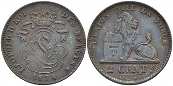 БЕЛЬГИЯ 2 САНТИМА 1874 BELGES KM 35.1 медь 4448-622