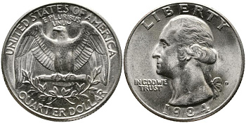 США 25 центов (квотер) 1984 D, Вашингтон KM А164а медь плакированная медно-никелем 3336-652