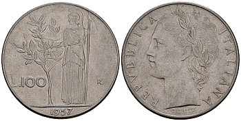 Италия 100 лир 1957 KM 96.1 нержавеющая сталь 4165-1024