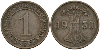 Германия 1 рейхспфенниг 1930 A KM 37, J. 313 бронза 4189-1129