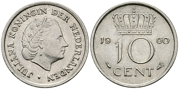 НИДЕРЛАНДЫ 10 ЦЕНТОВ 1960 ЮЛИАНА KM 182 никель 96-368
