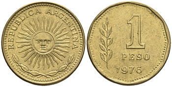 Аргентина 1 песо 1976 майское солнце KM 69, CJ 326, Schon 69 алюминиевая бронза    60-1053