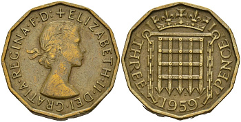 Великобритания 3 пенса 1959 Елизавета II (1952-2022) KM 900, Spink 4153 никель латунь 4153-737