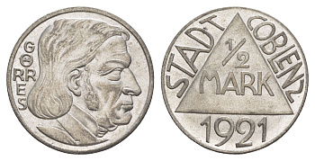 Кобленц 1/2 марки 1921 Funck 80.9A, Men05 4526.18, Men18 5727.18/20 сталь UNC 4637-1137