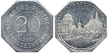 Германия, Нюрнберг - Фюрт 20 пфеннигов ND трамвайный жетон, церковь Св. Елизаветы и Якобскирхе алюминий UNC 4119-731