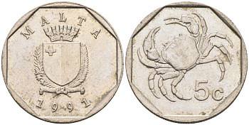 Мальта 5 центов 1991 краб KM 95 медно-никель 4564-835