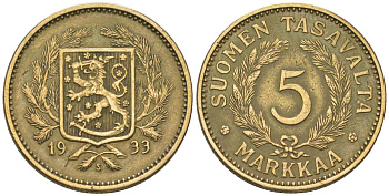 Финляндия 5 марок 1933 S KM 31 алюминиевая бронза 4589-1016