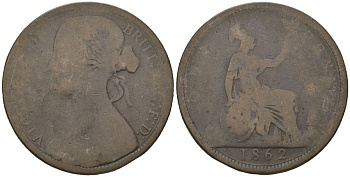 Великобритания 1 пенни 1862 Виктория (1837-1901) KM 749.2, Spink 3954 бронза 115-634