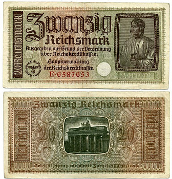 ГЕРМАНИЯ 20 РЕЙХСМАРОК 1940-1945 ДЛЯ ОККУПИРОВАННЫХ ТЕРРИТОРИЙ Pick R139 бумага 3295-65-1