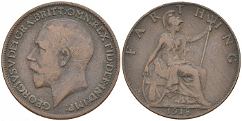 Великобритания 1 фартинг 1918 Георг V (1910-1936) KM 808.1, Spink 4059 бронза 187-142