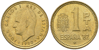 Испания 1 песета 1980 (81), Хуан Карлос I (1975-2014), чемпионат мира по футболу 1982 года в Испании KM 816 алюминиевая бронза UNC 4618-844