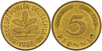 ФРГ 5 пфеннигов 1988 J J.382, KM 107 сталь плакированная латунью    4598-1058