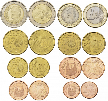 Испания полный евронабор из 8 монет 2005 1, 2, 5, 10, 20, 50 евроцентов, 1 и 2 евро KM 1040, 1041, 1042, 1070, 1071, 1072, 1073, 1074 N6-07