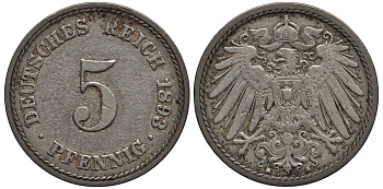 ГЕРМАНИЯ 5 ПФЕННИГОВ 1893 A KM 11, Jager 12, Weege 6 медно-никель 4547-332