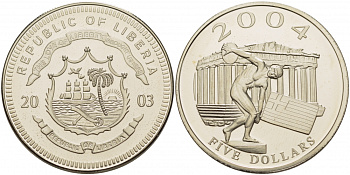 Либерия 5 долларов 2003 Олимпиада, дискобол  медно-никель  UNC  1099-2-33
