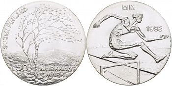 Финляндия 50 марок 1983 K-T, чемпионат мира по атлетике, бег с препятствиями KM 61 серебро UNC 1515-1224