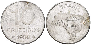 Бразилия 10 крузейро 1980 карта Бразилии KM 592.1 нержавеющая сталь 4388-155