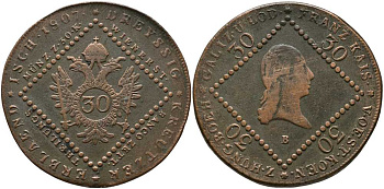 Австрия 30 крейцеров 1807 В, Франц II (1792-1835) KM 2149 медь 413-6621
