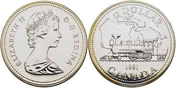 Канада 1 доллар 1981 Трансконтинентальная железная дорога, паровоз, в оригинальной коробке KM 130 серебро UNC 2-5-2-25