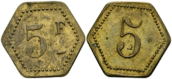 Франция 5 франков XIX-XX век ресторанный жетон латунь 4166-1015