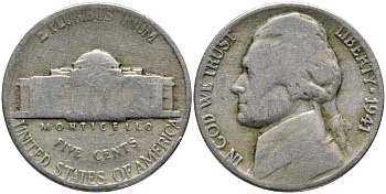 США 5 центов 1941 Томас Джефферсон KM 192 медно-никель 4175-723