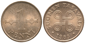 Финляндия 1 пенни 1965 KM 44 медь 100-957