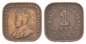 Стрейтс Сетлментс 1 цент 1919 Георг V (1910-1936) KM 32 бронза 4643-831