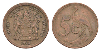 ЮАР 5 центов 1990 герб, райский журавль KM 134 сталь плакированная медью 4621-359