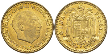 ИСПАНИЯ 1 ПЕСЕТА 1963 (65) ФРАНЦИСКО ФРАНКО ДИКТАТОР ИСПАНИИ (1939-1975) KM 775 алюминиевая бронза аUNC 4380-1265