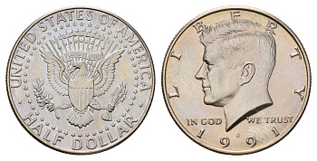 США 1/2 доллара (50 центов) 1991 D, Джон Кеннеди KM A202b медь плакированная медно-никелем UNC 4672-644