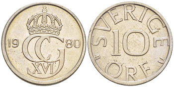 Швеция 10 эре 1980 Карл XVI Густав (1973- ) KM 850 медно-никель 4516-447
