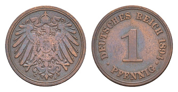Германия 1 пфенниг 1894 A, Вильгельм II (1888-1918) KM 10, J. 10 медь 4639-1111