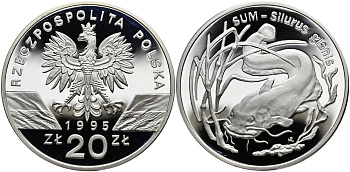 Польша 20 злотых 1995 MW, серия охрана окружающей среды, сом, тираж 20000 экз KM 290 серебро PROOF 00-822-82